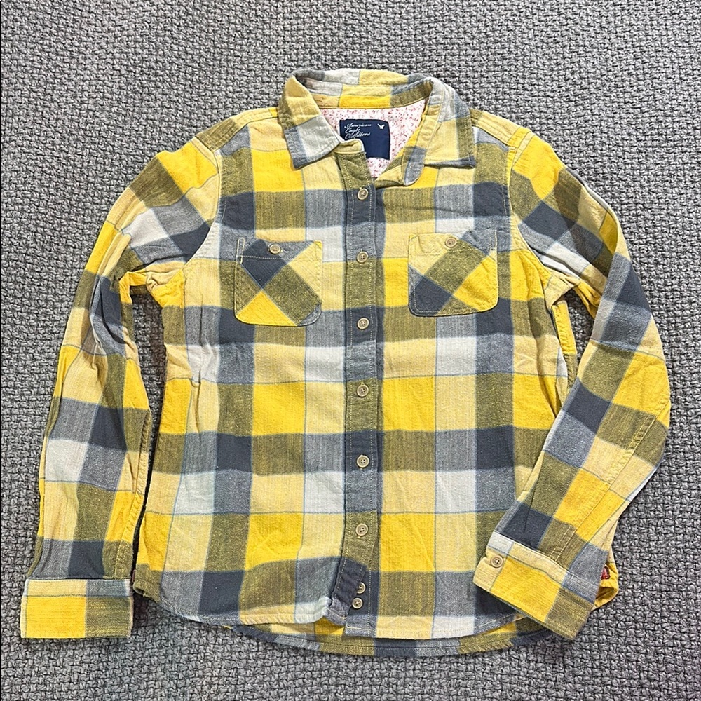 Yellow and Gray Plaid Button-Up Shirt